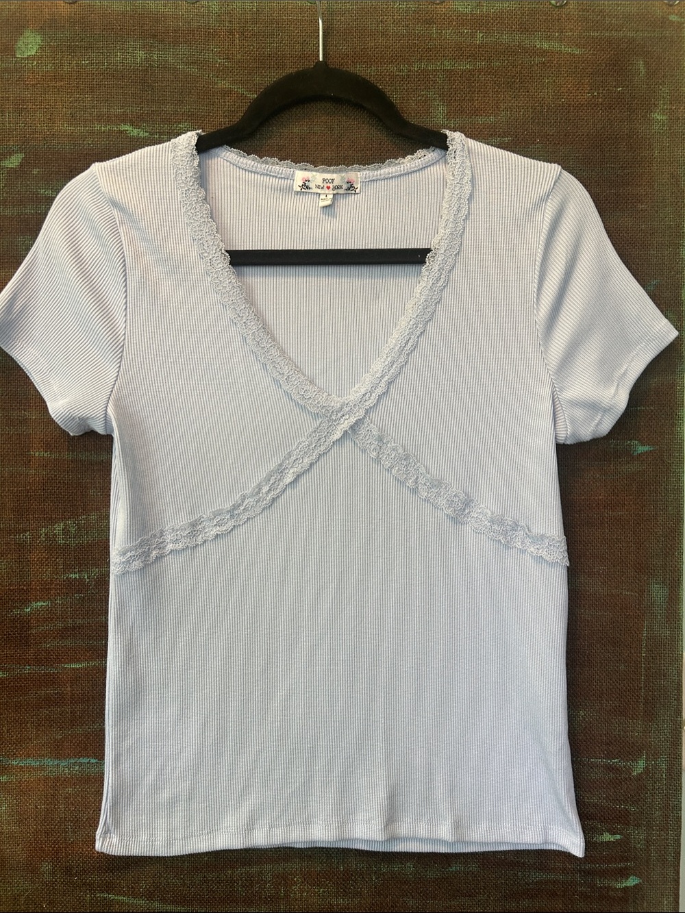 Light Blue Lace-Trim Ribbed V-Neck Top - Poof New York